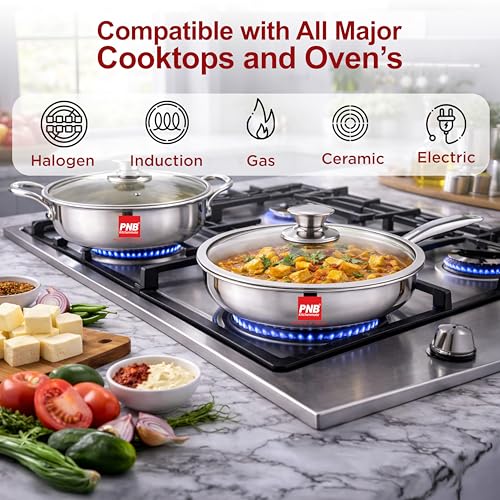 Image of PNB Triply Stainless Steel Frypan with Tempered Glass Lid | 26 cm 3 Litre | 3-Ply Induction Gas Compatible | PFOA Free | 5 Year Warranty | Large Frying Pan for Big Family & Party Cooking