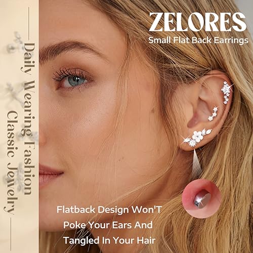 9Pcs Flat Back Cartilage Earrings for Women Trendy 16G Tragus Conch Helix Piercing Jewelry Stainless Steel Snake Star CZ Flat Back Stud Earrings Set2