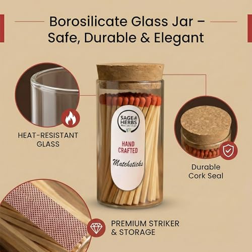 Image of Sage & Herbs Long 65 Red Matchsticks in a Borosilicated Cork Jar with Striker| for Fireplace, Kitchen, Home Temple | Extra Long Burn Time Matchsticks | Matchbox Aesthetic Red Color