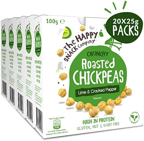 The Happy Snack Company Roasted Chickpeas, Lime & Cracked Pepper Flavour Healthy Snacks, High Protein, Gluten Free Tasty Snacks, Vegan, 100 Calories, 25g Portion, Pack of 20