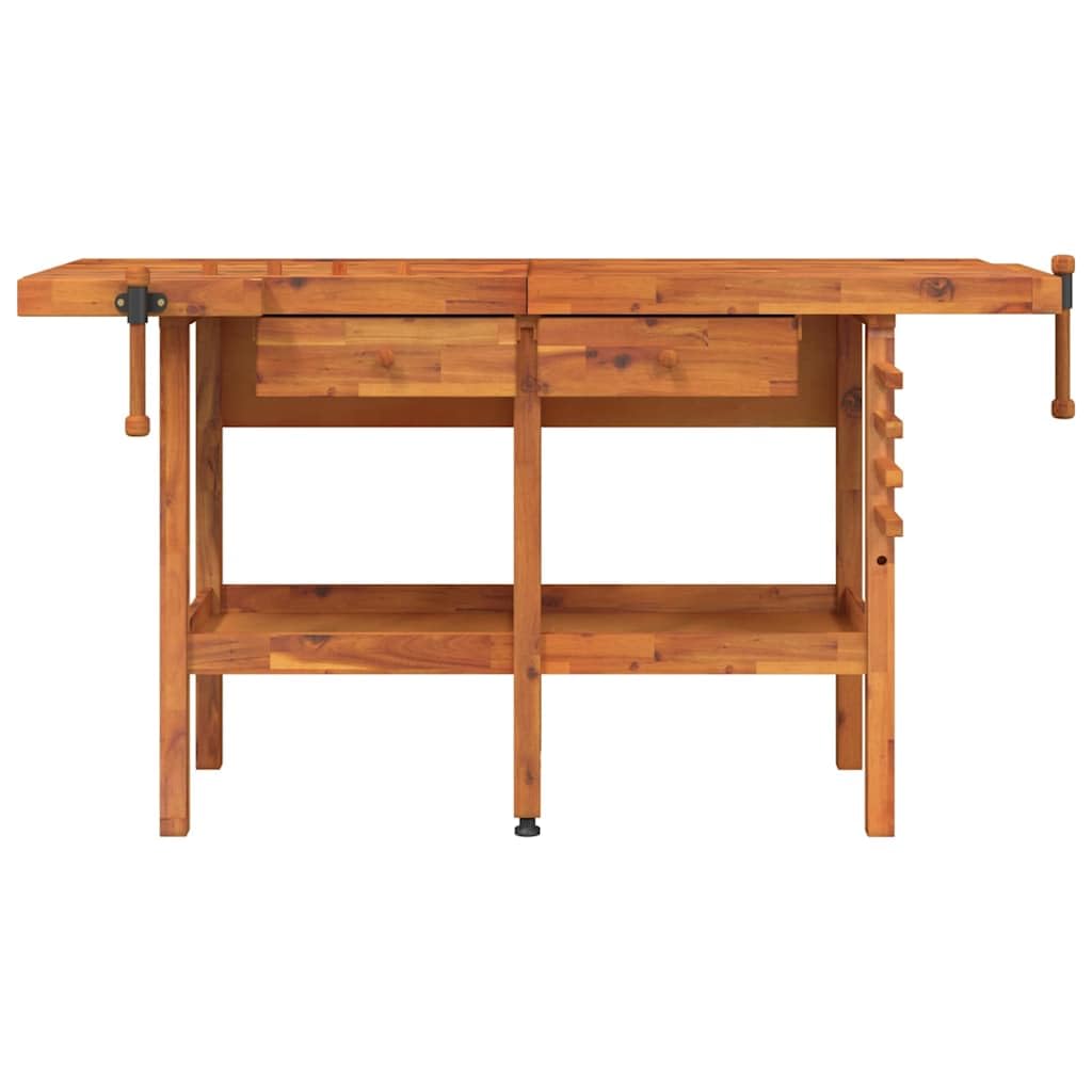 Banco da lavoro in legno di acacia massiccio, 162 x 62 x 83 cm, con viti, cassetti e ripiano, tavolo di montaggio stabile per officina, garage, cantina, fai da te e tavolo per il fai da te