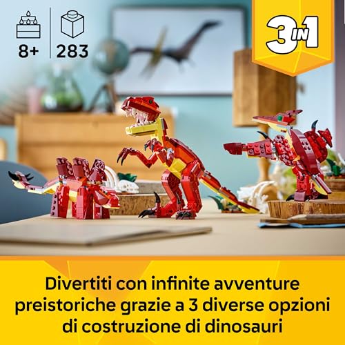 Creator 3 in 1 Feroce Dinosauro Giocattolo - Figure di Velociraptor, Stegosauro o Pterosauro con Elementi Scheletro e Denti Affilati - Regalo di Compleanno per Bambini e Bambine da 8 Anni - 31379 - Lego - Immagine 1