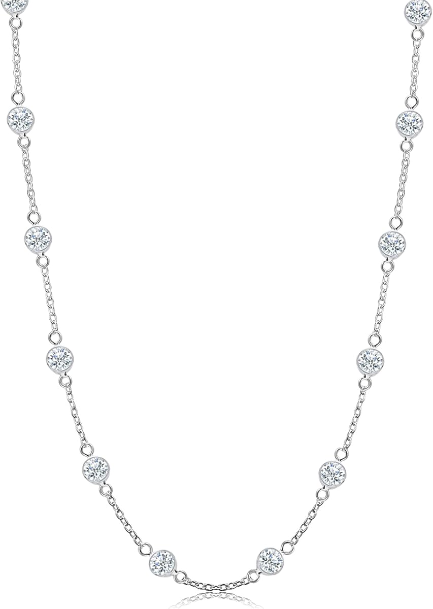 925 Sterling Silver CZ Station Necklace for Women | Italian Round Cubic Zirconia Station Chain Necklace (16, 18, 20, 24 Inches)