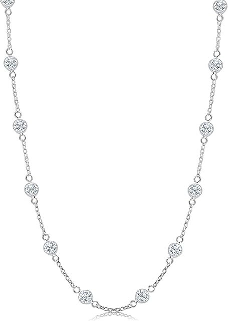 LeCalla Links Sterling Silver Italian CZ Station Chain Necklace for Teen and Women 16, 18, 20, 24 Inches
