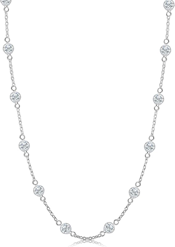 925 Sterling Silver CZ Station Necklace for Women | Italian Round Cubic Zirconia Station Chain Necklace (16, 18, 20, 24 Inches)