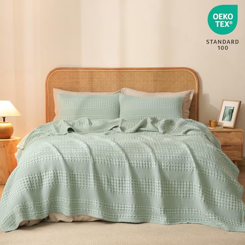 Image of PHF 100% Cotton Waffle Blanket King Size for Bed, Lightweight Breathable and Soft for Summer, Luxury Aesthetic Waffle Weave Blanket for Home Decor & Gifts for Women, 108 inchx90 inch, Mint Green