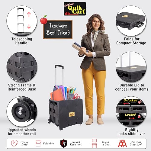 Image of dbest products Quik Cart Collapsible Rolling Crate on Wheels for Teachers Tote Basket 80 lbs Capacity, Made from Heavy Duty Plastic Used as a Seat, Black