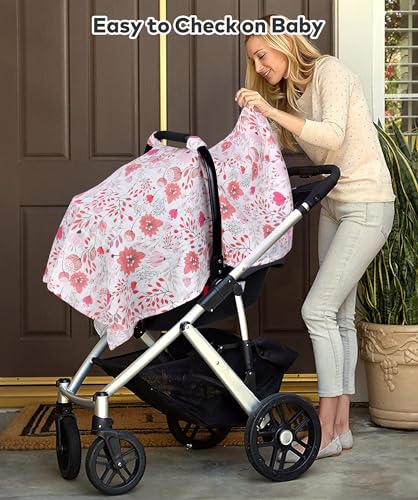 Image of Rquite Infant Car Seat Cover for Babies Girls, Muslin Cotton Carseat Canopy, Breathable Stroller Sun Shade, Baby Shower Gift & Newborn Essentials, Universal Fit Summer & Hot Weather (Pink Flowers)