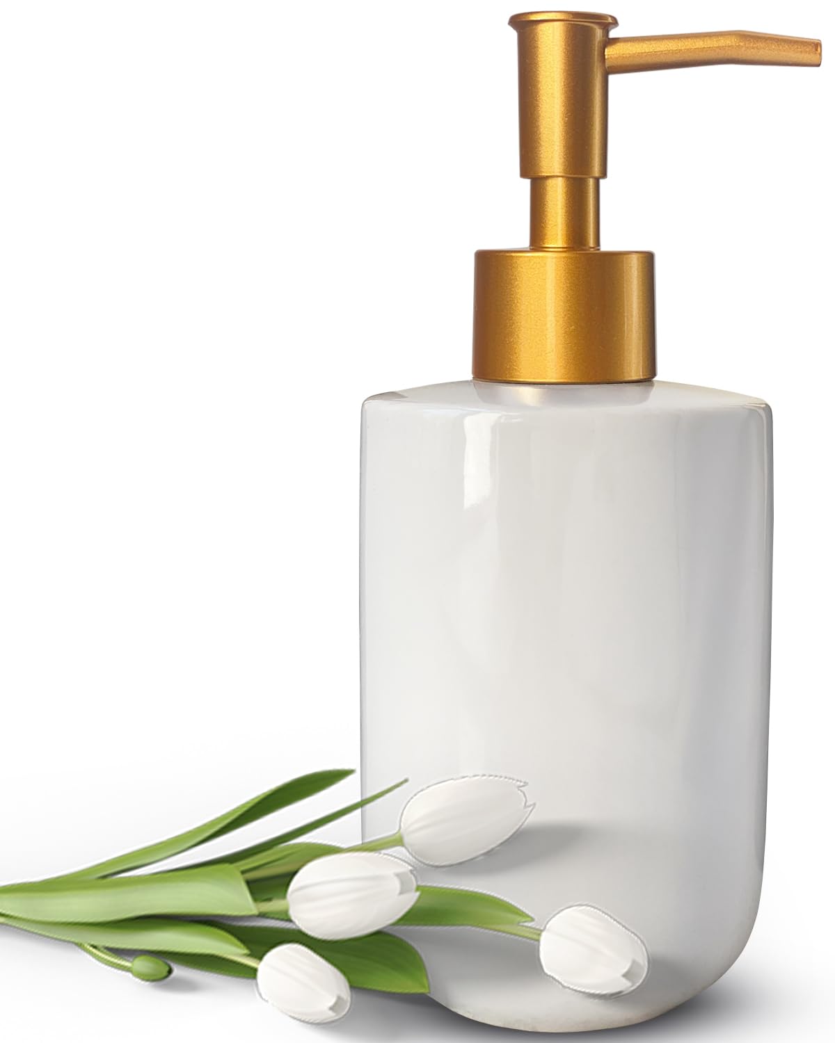 Liquid Soap Dispenser for Bathroom with Gold Pump，Dish Soap Dispenser for Kitchen Sink，Refillable Countertop Lotion Ceramics White Hand Soap Dispenser for Shower 420ml (Cylindrical White Bottle)
