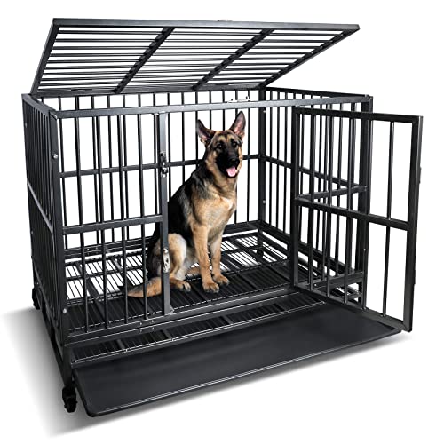 PAWOLOGY 42 inch Heavy Duty Metal Dog Cage Wire Kennel Crate for Training Large Dog Indoor Outdoor with Double Doors & Locks Design Included Lockable Wheels with Removable Tray