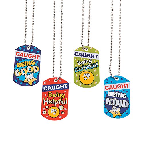Fun Express Caught Being Good Responsible Helpful Kind Student Character Reward Medal Dog Tag Necklaces - 12 Pieces