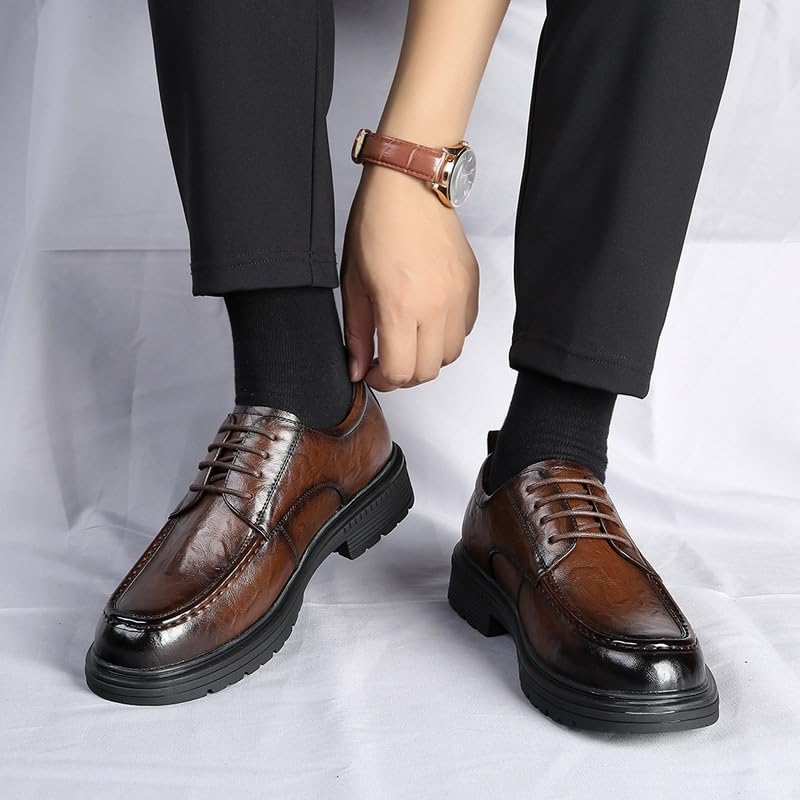 Men's Leather Lace Up Platform Block Heel Business Oxford Shoes Formal Business Casual Oxford Shoes Trendy Plaid Upper Tuxedo Shoes for Men2