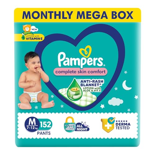 Image of Pampers Complete Skin Comfort Pants, (M) 152 Count, Anti-rash blanket, Lotion with Vitamin E & Aloe Vera, Medium size baby diapers, 7-12kg