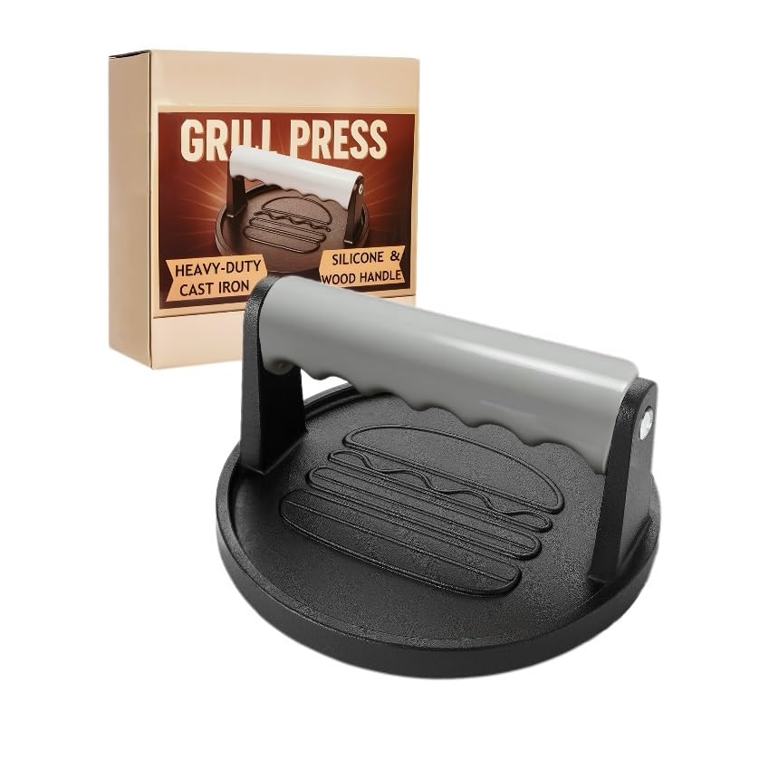 TWOLEMON Smash Burger Press 6.7-Inch Round Cast Iron Grill Press with Ergonomic Silicone Handle – Heavy-Duty Bacon with Unique Burger Design for Even Grilling
