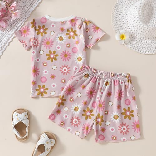 Kids Baby Girls Ruffle Floral 𝗣ajamas Toddler Clothes Set Newborn Ribbed Knit Short Sleeve Cotton 𝐒leepwear Outfit3