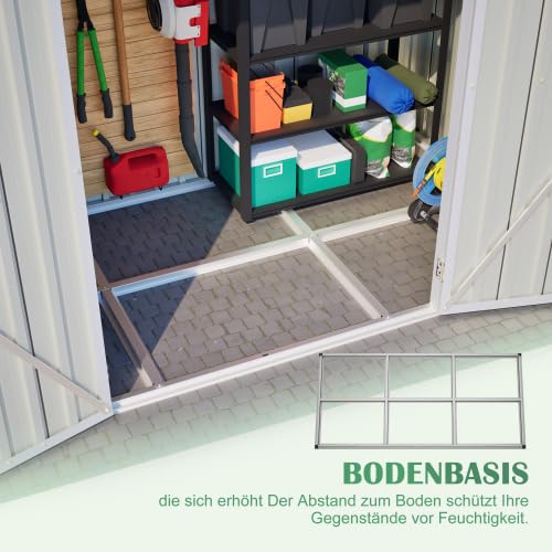 Metall Geräteschuppen 242x126x182 cm – Wetterfester Gartenschrank mit Abschließbare Tür, Schrägdach & Belüftung – Fundamentrahmen für Garten, Terrasse, Fahrrad & Mülltonnenbox (Grau)