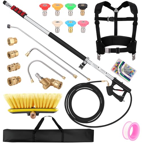 24 FT Telescoping Pressure Washer Wand with Brush Gutter Cleaning Tool with Power Washer Extension Wand Pivoting Coupling 7 Nozzle Tips 4 Adapters Upgraded Support Belt for Gutter Window
