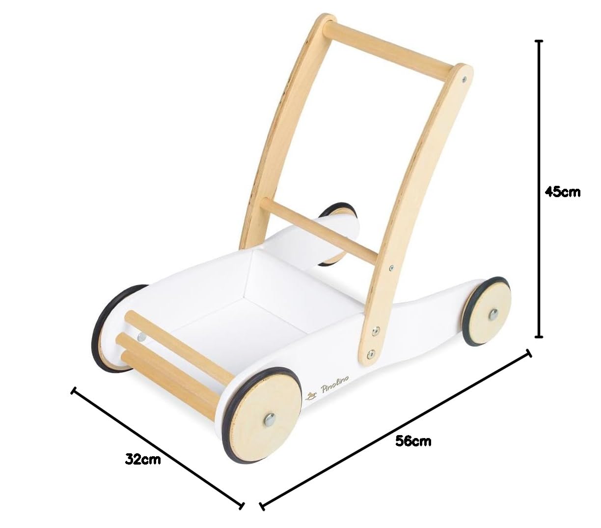 PINOLINO Lauflernwagen Uli aus Holz - mit Bremssystem, gummierten Holzrädern, großer Ladefläche, angenehmer Griffhöhe, für Kinder ab 1 Jahr, weiß