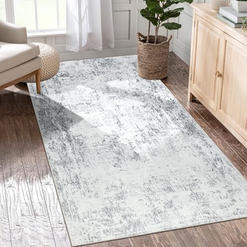 Capslpad Tapis moderne à poils courts en fausse laine douce lavable pour salon, chambre à coucher, bureau, cuisine - Motif abstrait - Gris - 80 x 150 cm