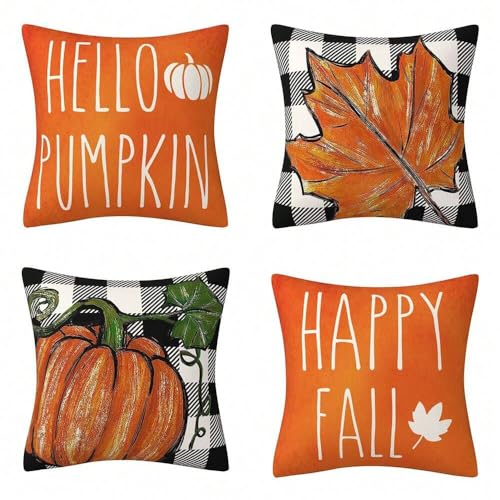 Image of PSDWETS Fall Decor Pillow Cover 18x18 Set of 4,Hello Fall Pumpkin Decorations Cushion Cover,Thanksgiving Home Decorative Pillows