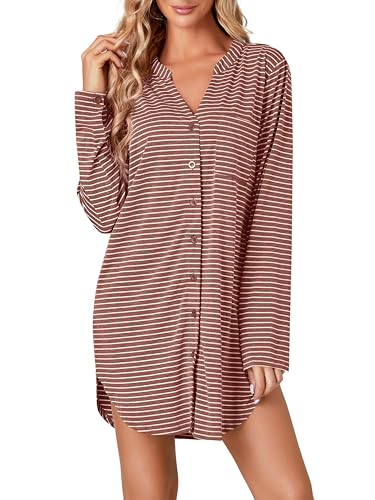 Image of Vrtige Women's Striped Nightshirt Button Down Long Sleeve Nightdress Nightgown with Pocket