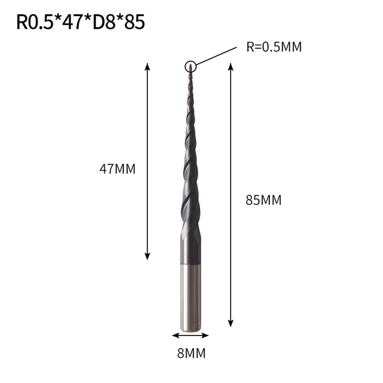 Hartmetall-Kugelnase-End-Mühlen 3.175mm 4mm 6mm 8mm konische Router-Bit CNC-Holz Frässchneider (Größe : R0.5X47XD8X85L)