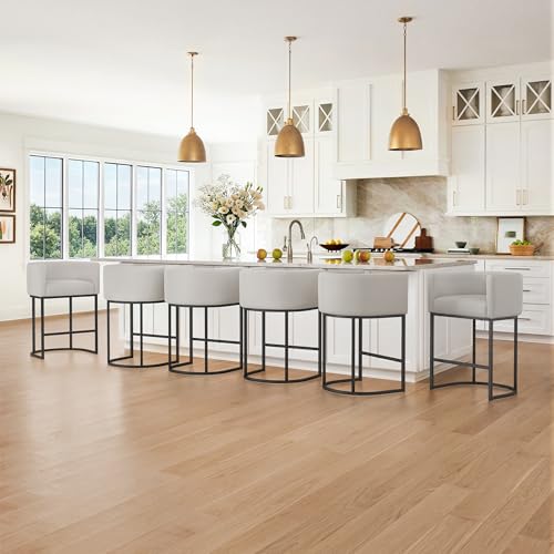Image of LUE BONA Counter Height Bar Stools Set of 6, Modern Barrel Counter Stools with Backrest and Arms, Black Metal Frames, Linen Fabric Upholstered Accent Barstools for Kitchen Island, Light Gray