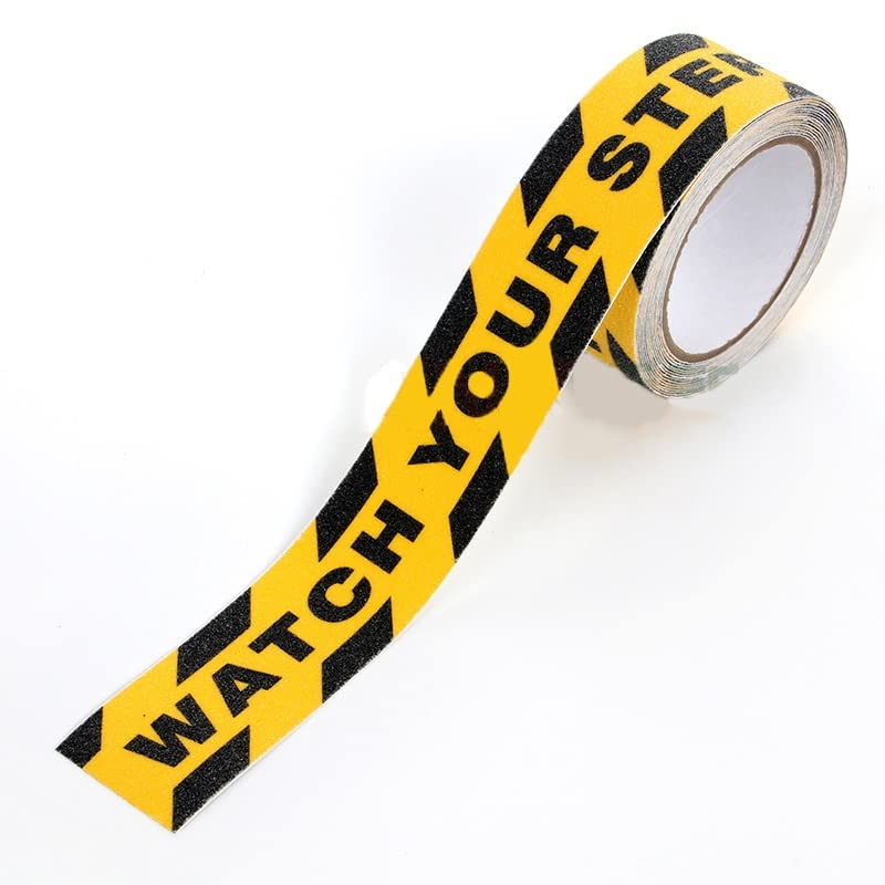 Anti Slip Traction Tape High Grip Adhesive Sticky Backed Safety Flooring Stripe Watch Your Step Caution Tape for Stairs Tread Step Yellow Black (1.88 Inch x 16.4 Ft)