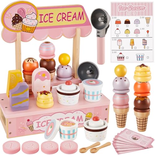 HERSITY Jouet Glacier en Bois pour Enfant avec Stand de Glace, Accessoires Cuisine Desserts Jeu Educatif Enfants Jouet Cadeau pour Garçon Fille 3 Ans+ (‎Rose)