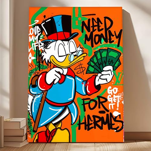 Image of Modern Pop Art Duck Money Canvas Wall Art Painting For Living Room | Graffiti Street Painting | Bold Cartoon Artwork for Living Room, Office & Cafe Decor, 56x86 cm
