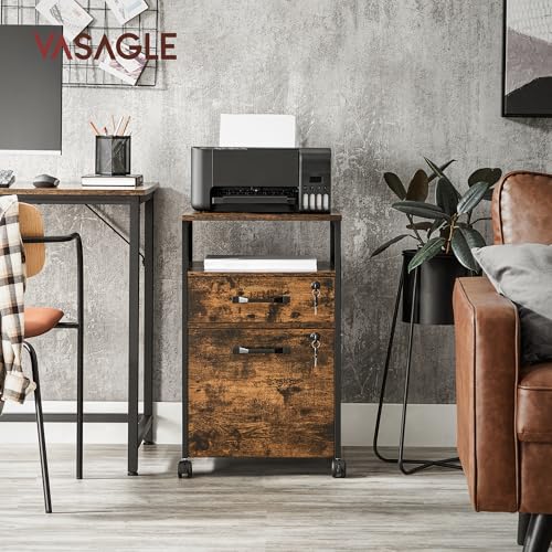Image of VASAGLE 2 Drawer File Cabinet with Lock, Rolling Printer Stand | Under Desk Filing Cabinet, 17.3 x 16.5 x 27.2 in, Rustic Brown and Ink Black, Dacey Collection, UOFC077B01