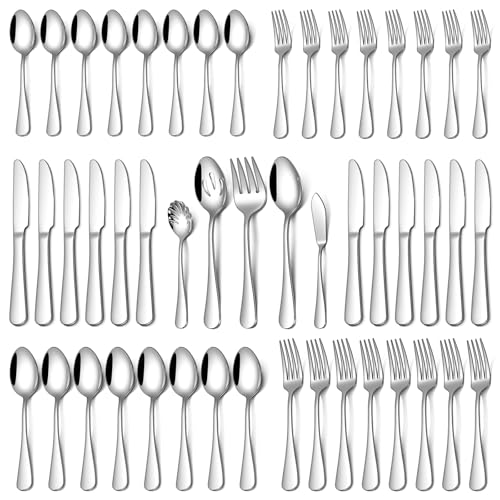 Silverware Set with Serving Utensils, 45 Piece Food-Grade Stainless Steel Flatware Set include Hostess Serving Utensil Set, Mirror Polished Cutlery Set for Home Kitchen Restaurant,Dishwasher Safe