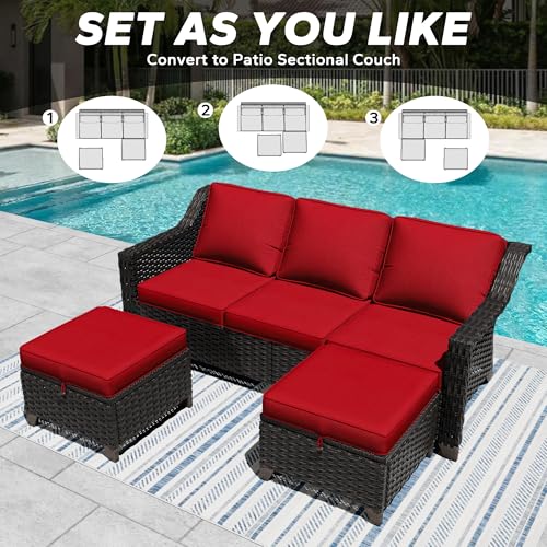 Image of 3 Piece Patio Furniture Set, Wicker Outdoor Conversation Set | Patio Chair Set with Olefin Removable Cushion, All-Weather Outdoor Couch with Deep Seat for Porch, Deck and Backyard, Red