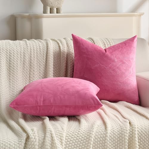 Image of FUTEI Pack of 2 Velvet Throw Pillow Covers 22x22 Inch Soft Embossed Leaf-Relief Textured Decorative Cushion Cases Modern Natural Farmhouse Accent for Couch Bed Living Room, Hot Pink