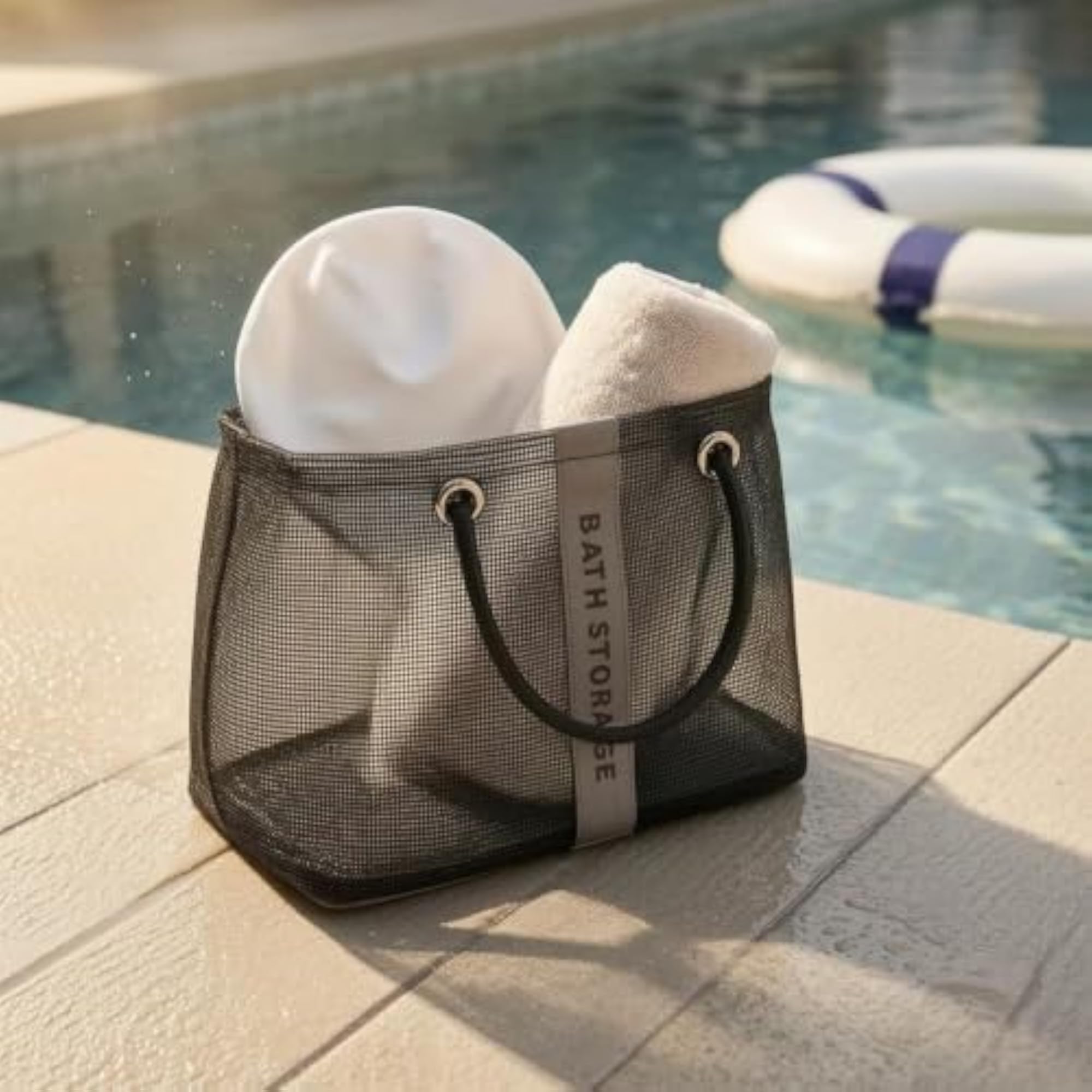 Rope Handles Mesh Bath Tote, Rectangular Portable Shower Carrier, Gray