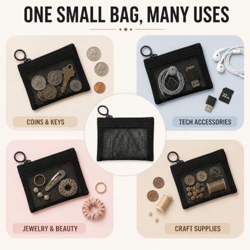 Image of Jexine 60 Pcs Mini Zipper Mesh Bags 4 inch x 3 inch Nylon Coin Pouch, Black