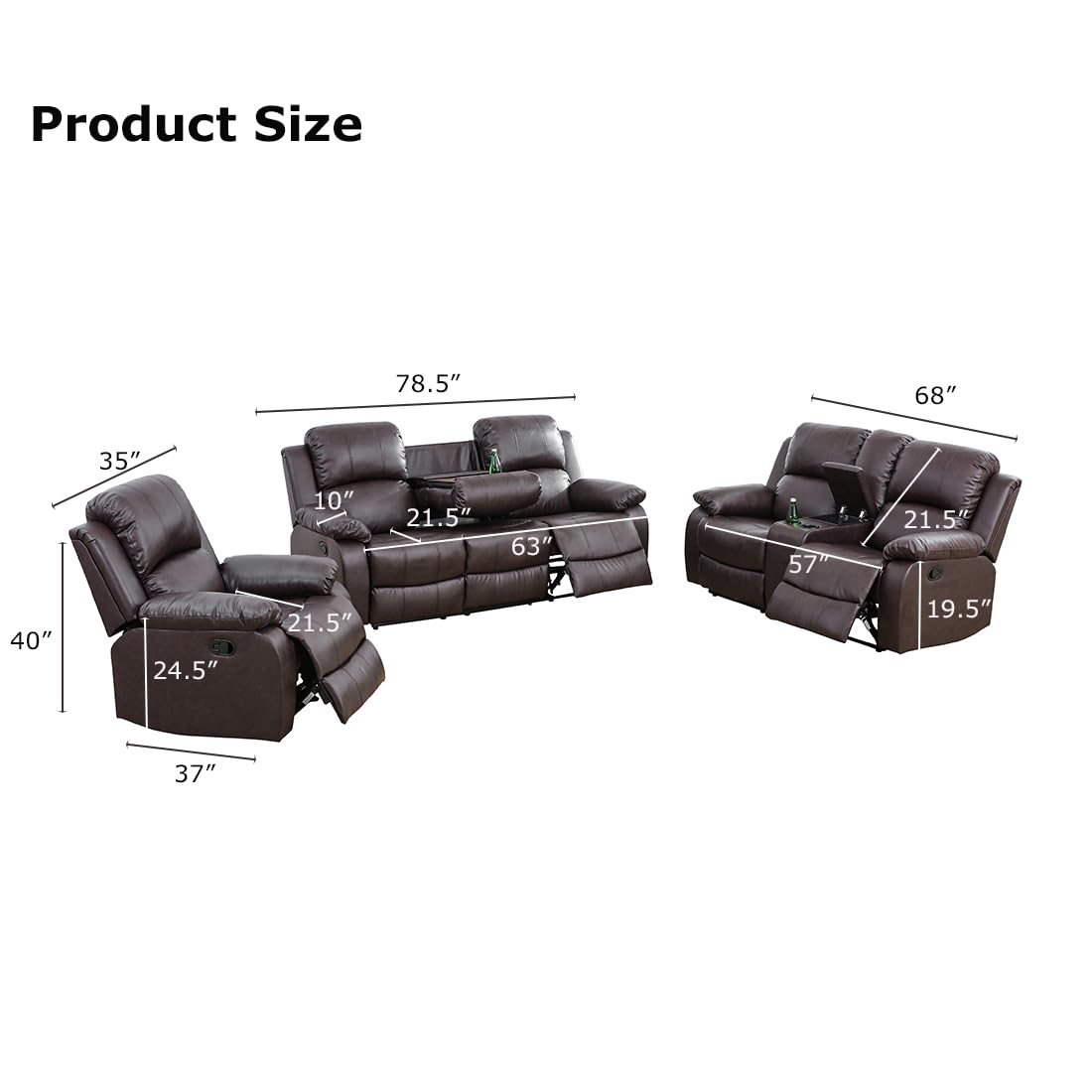 Toseslo Living Room Furniture Sets, Manual Reclining Sofa and Lovseat Set with Drop-Down Table, Leather Recliner Couch Sets, Recliner Sofa with Storage Console/Cup Holder for Home/Apartment(Brown) view 2