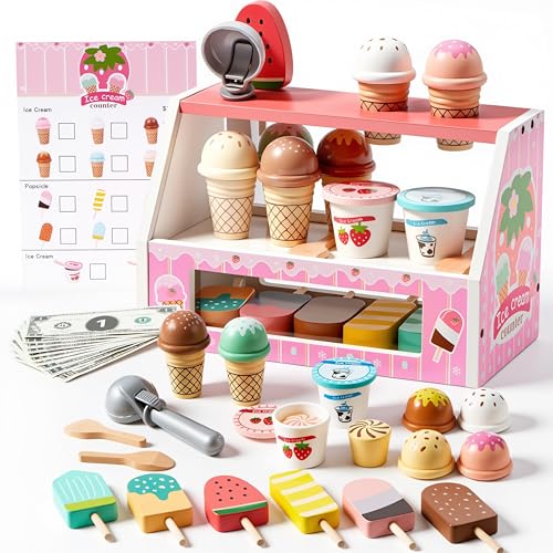 SYNCFUN Wooden Ice Cream Toy Shop 33 PCS Wooden Ice Cream Set for Kids Pretend Role Play Toys Play Food Kitchen Toys for 3 4 5 6 Year Old Girls Boys Birthday Gifts