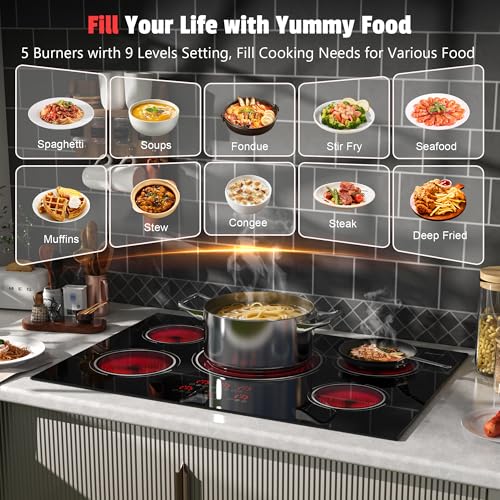 Image of 30 Inch (Cut-out Size: 29.13 inchx19.3 inch) Electric Cooktop - 30 Inch 9000W Powerful 5 Burner Electric Stovetop, Built-in Ceramic Stove 30 inch, Timer, Safety Lock, Pause, 240V Hard Wired (No Plug)