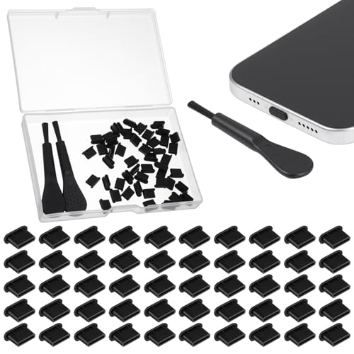 MBAIYO USB C Dust Plug, 50 Pcs Silicone USB C Port Cover with 2 Cleaning Brush Type C Dust Plug Cover Type-C Charging Port Protector Power Input Protector Cap for All USB Type C Port Devices(Black)