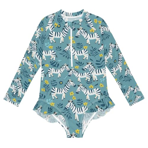 Cute Zebras Flower Girls Long Sleeve Swimsuit Rash Guard One Piece Bathing Suits Zipper 3-12T