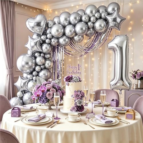 Image of Number Balloons Silver Party Balloon - Giant Number 1 Balloon, 40 Inch Large Balloon for Birthday Decorations, Silver Party Supplies for Anniversary