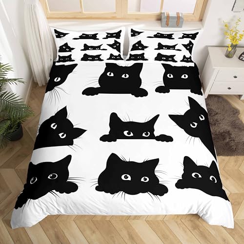 Loussiesd Black Cat Bedding Set for Kids Boys Girls Pet Cats Pattern Duvet Cover Cute Kitten Print Comforter Cover 3D Animal Theme Quilt Cover Bedroom Decor 3Pcs Bedcloths Double Size White