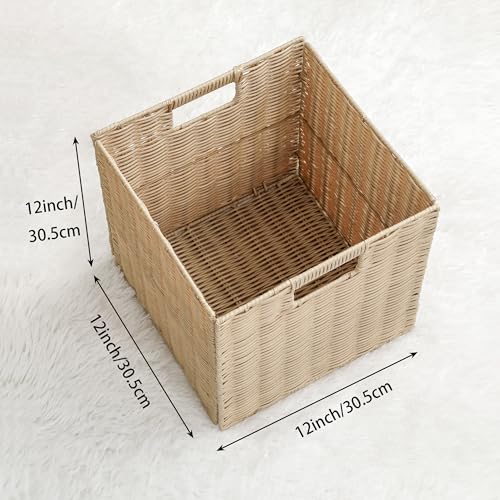 TAIMEI&G02 12x12x12inch Plastic Wicker Cube Baskets Large Square Foldable Handwoven Laundry Organizer Set of 4, Beige by TAIMEI&G02 - Image 4