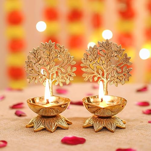 Image of Behoma 100% Pure Brass Kalpavriksha Diya for Puja - Set of 2 | Religious Deepak for Mandir, Temple, Office & Home Decoration | Handcrafted Life Tree Diya for Pooja Room & Housewarming Gift