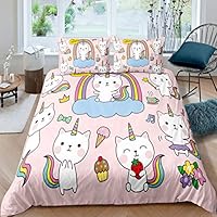 Feelyou Kids Unicorn Cat Bedding Set Twin, Cute Unicorn Comforter Cover for Girls Teens, Cartoon Magical Animal Decor Duvet Cover, Gift for Nursery Sweet Icecream Rainbow Print Bedspread Colorful