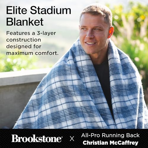 Brookstone Elite Stadium Blanket – Oversized Waterproof Outdoor Blanket 70'' x 60'' - Brushed Flannel & Sherpa, Portable w/Carry Bag, Machine Washable for Tailgating, Sports Events, Fire Pits – Blue