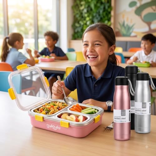 Image of Stainless Steel 3 Compartment Lunch Box with Leakproof Lid, Reusable Water Bottle & Spoon Set, Bento Style Tiffin Box for School, Office, College, Picnic, Travel & Daily Meal Storage (Pink)