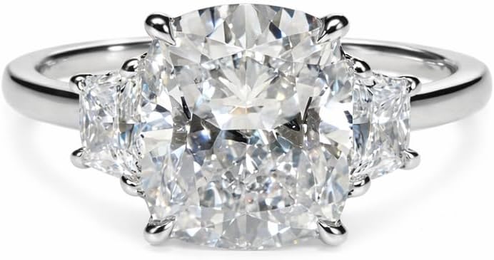 Three Stone 4Ct Cushion Cut Moissanite Engagement Ring, Cushion Cut, Elongated Cushion, Three Stone Ring,925 silver product white gold plated.