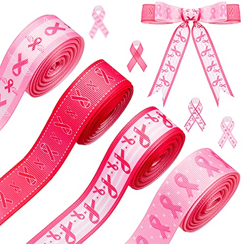 4 Rolls 20 Yard Breast Cancer Awareness Ribbon Breast Cancer Grosgrain Ribbon Pink Ribbon Printed Ribbon Bouquet Wrap Ribbon Craft Ribbon Decorations for Breast Cancer Awareness Decorations
